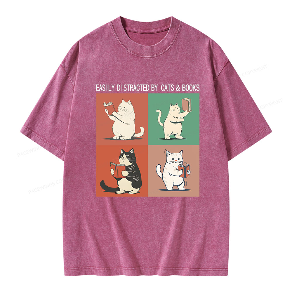 Pagewings Cute Easily Distracted by Cats Books Unisex Washed T-shirt