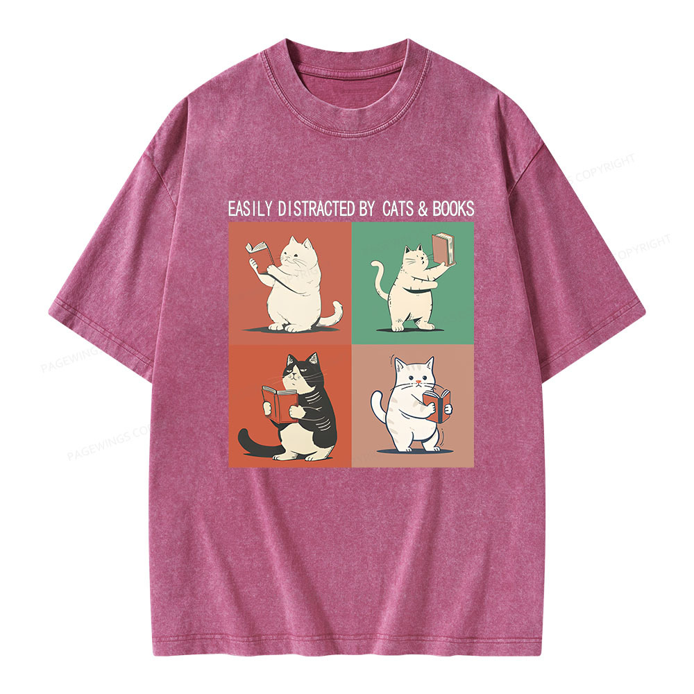 Pagewings Cute Easily Distracted by Cats Books Unisex Washed T-shirt