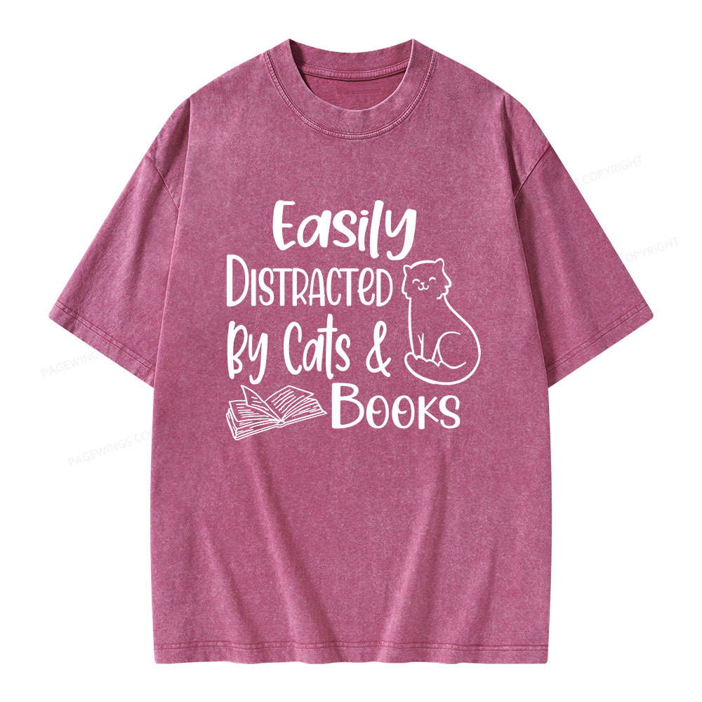 Pagewings Easily Distracted By Cats And Books Unisex Washed T-shirt