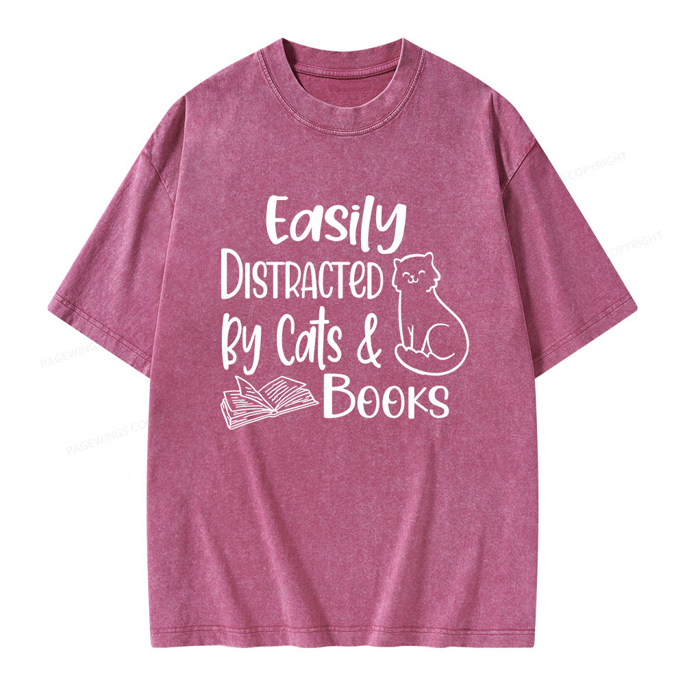 Pagewings Easily Distracted By Cats And Books Unisex Washed T-shirt