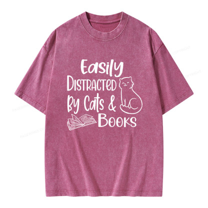 Pagewings Easily Distracted By Cats And Books Unisex Washed T-shirt
