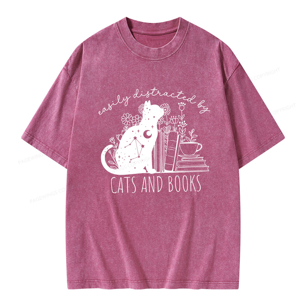 Pagewings Easily Distracted By Cats And Books Unisex Washed T-shirt