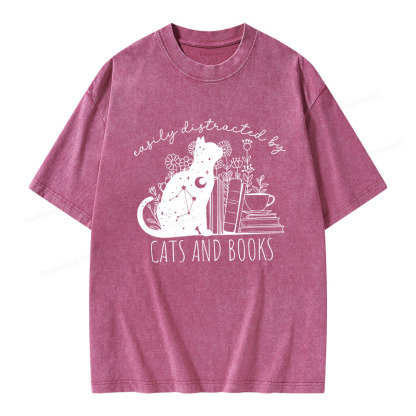 Pagewings Easily Distracted By Cats And Books Unisex Washed T-shirt