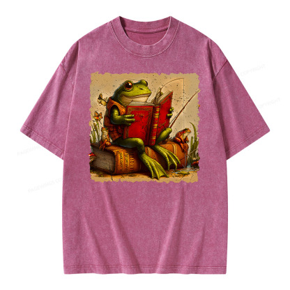Pagewings Toad Fishing Book Reading Book Unisex Washed T-shirt