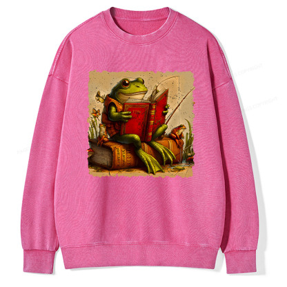 Pagewings Toad Fishing Book Reading Book Unisex Washed Sweatshirt