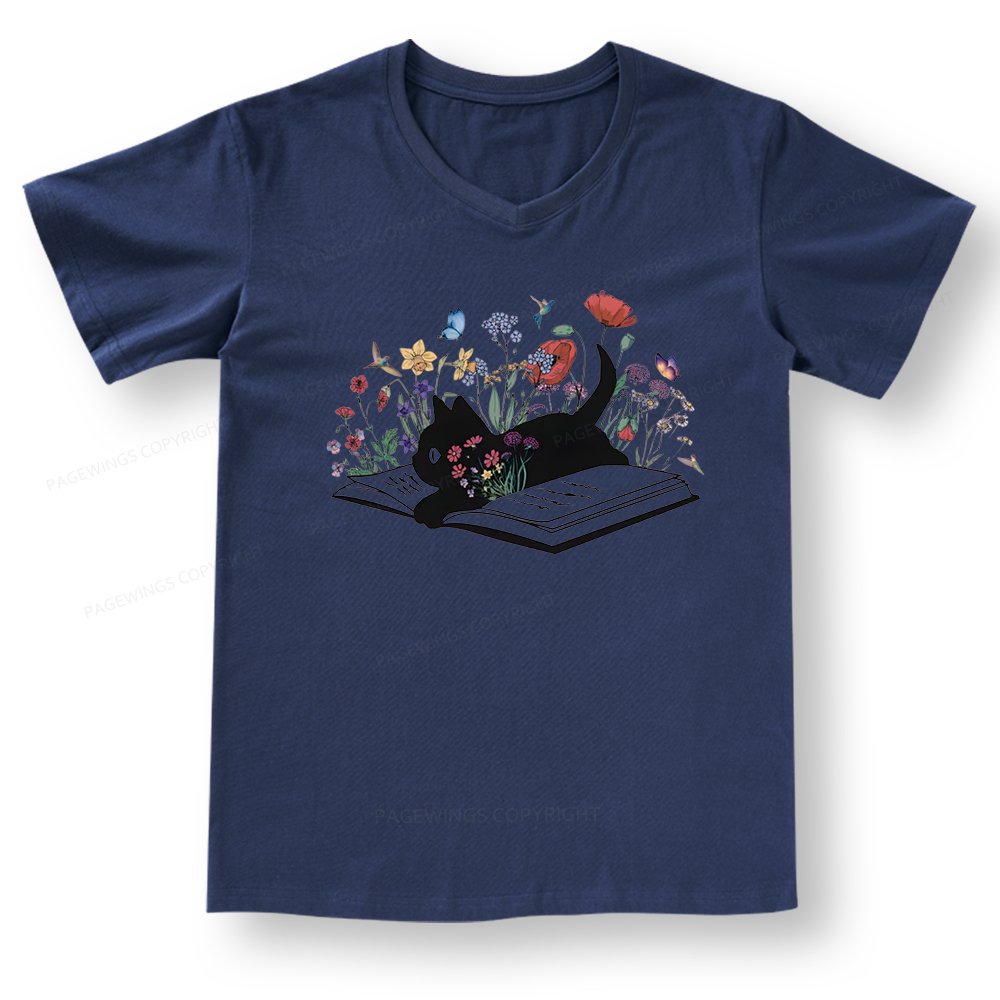 Pagewings Cute Book Cat V-neck T-shirt