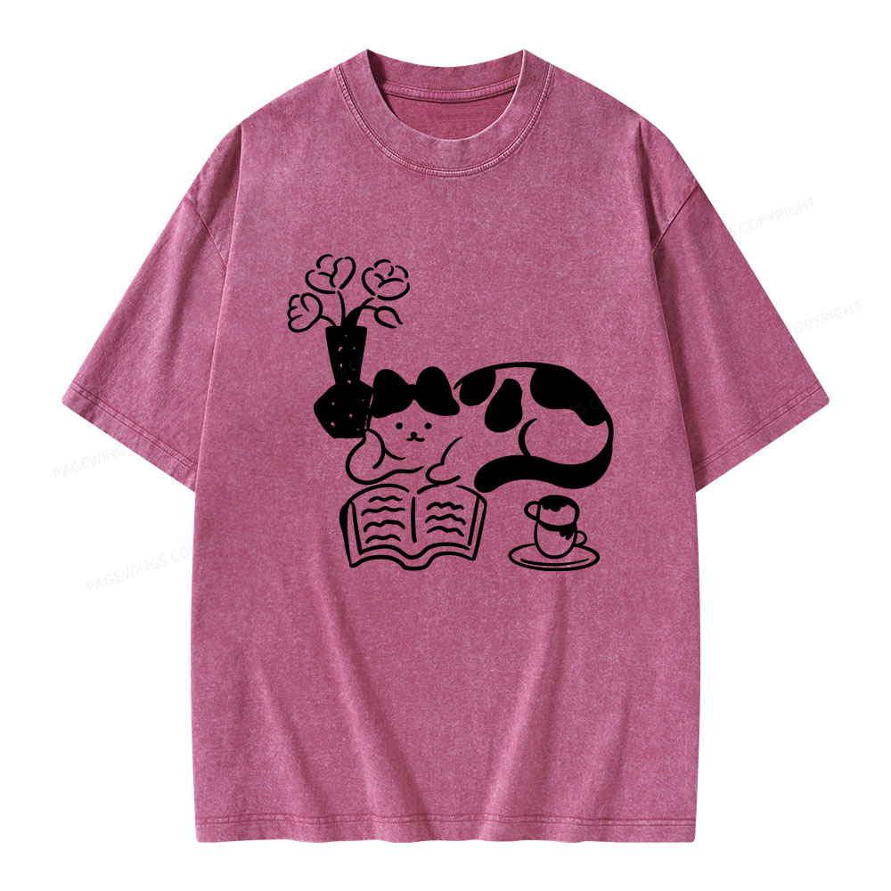 Pagewings The Cat Who Loves Reading Unisex Washed T-shirt