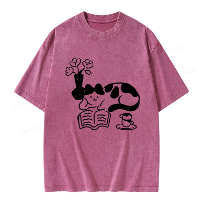 Pagewings The Cat Who Loves Reading Unisex Washed T-shirt
