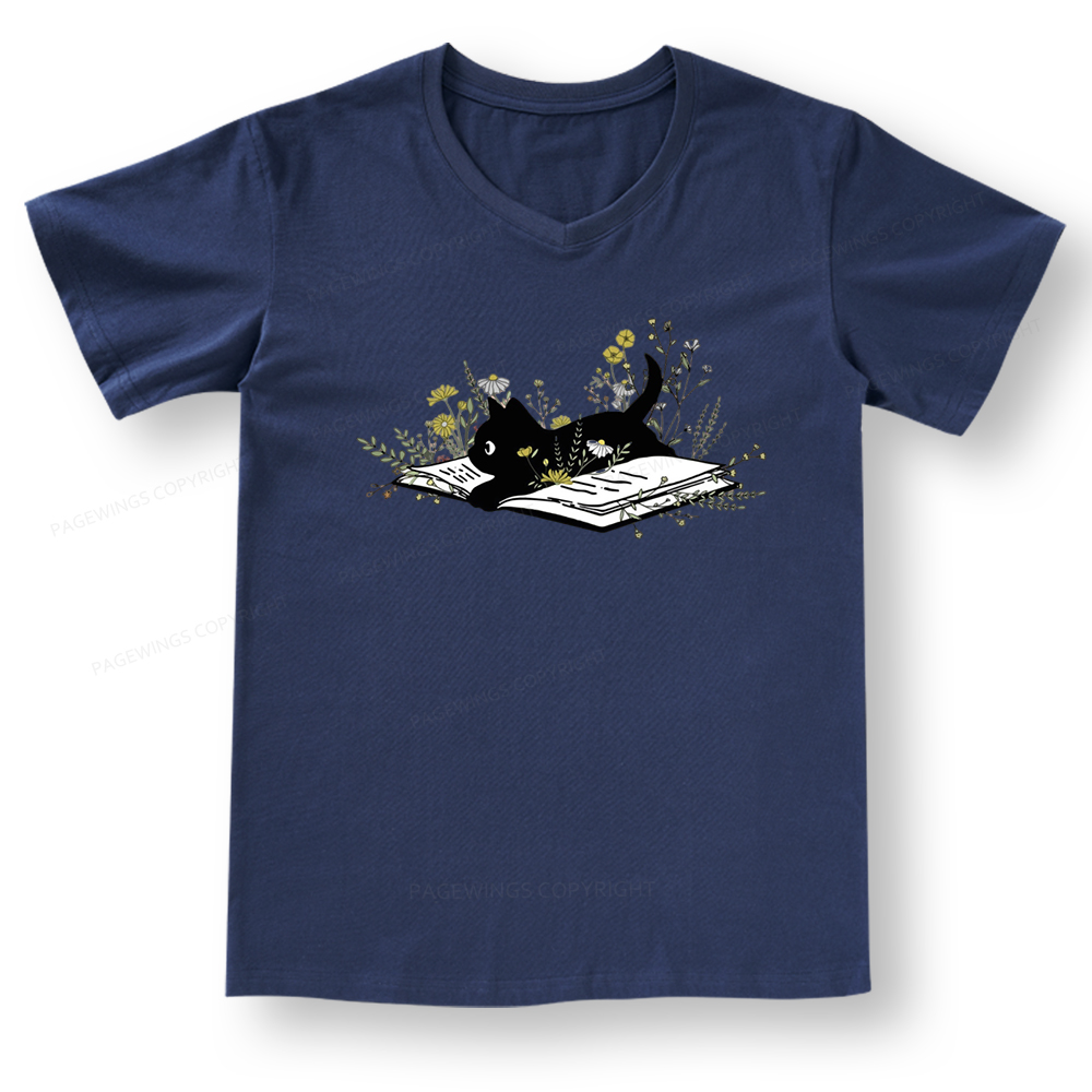Pagewings Cute Book Cat V-neck T-shirt 