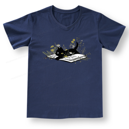 Pagewings Cute Book Cat V-neck T-shirt 