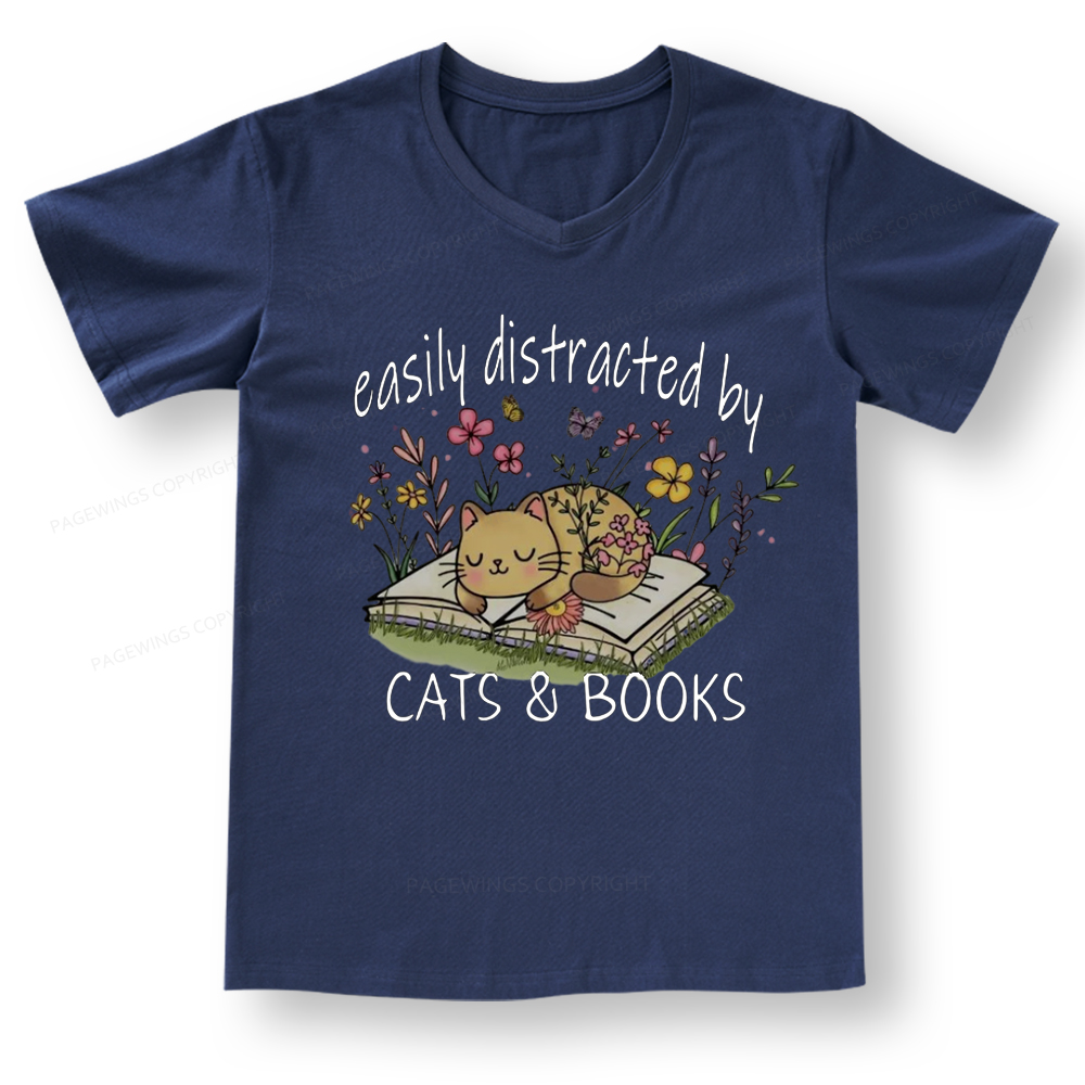 Pagewings Easily Distracted By Cats And Books V-neck T-shirt