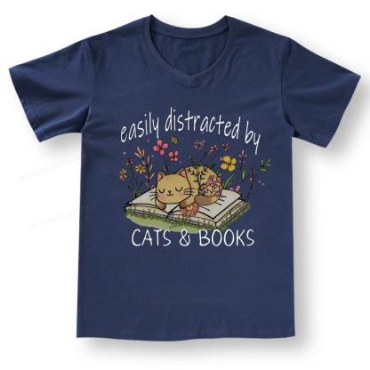 Pagewings Easily Distracted By Cats And Books V-neck T-shirt