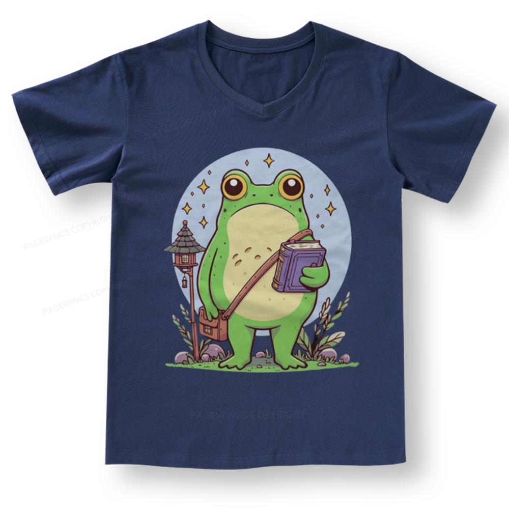Pagewings Frog Reading Book V-neck T-shirt 