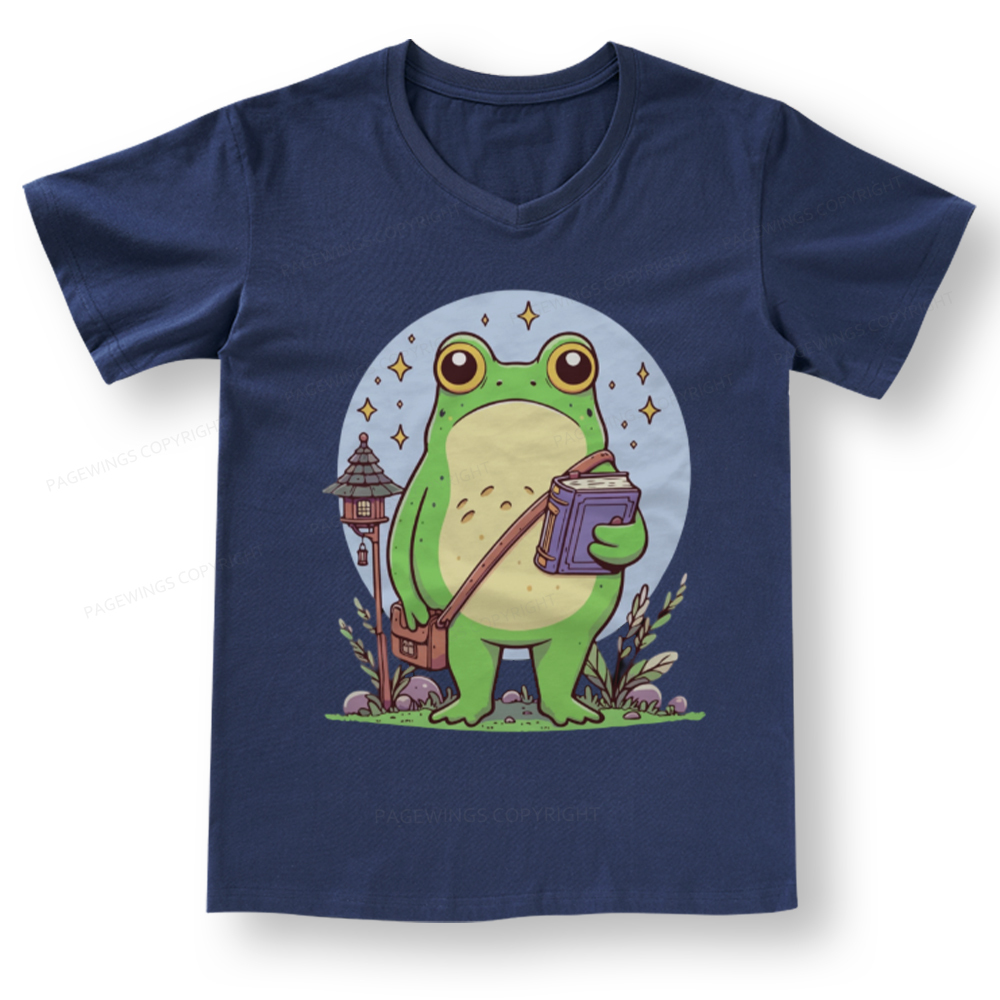 Pagewings Frog Reading Book V-neck T-shirt