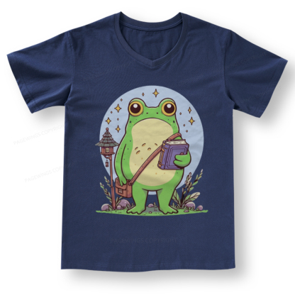 Pagewings Frog Reading Book V-neck T-shirt 