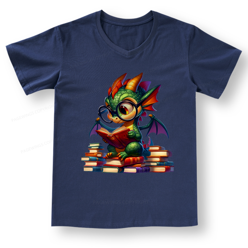 Pagewings Dragon And Books V-neck T-shirt