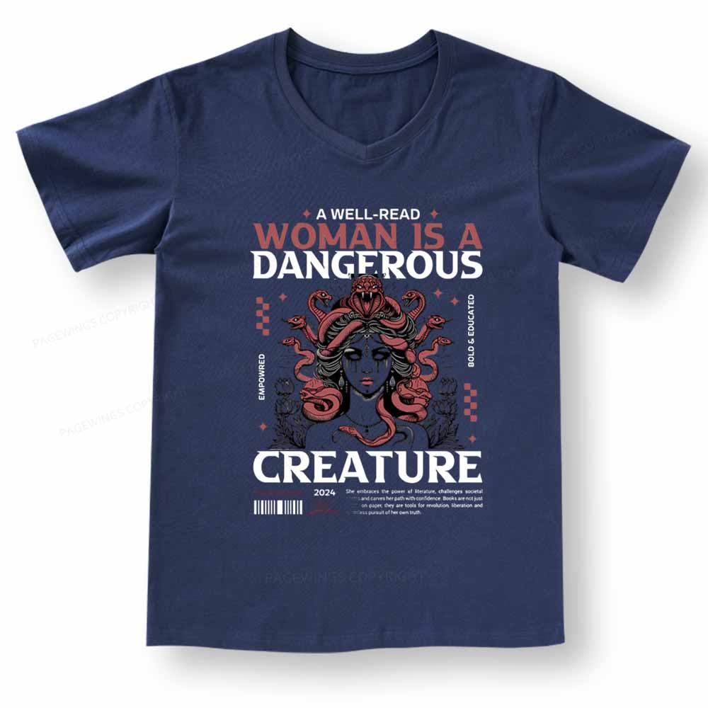 Pagewings A Well-Read Woman is A Dangerous Creature V-neck T-shirt