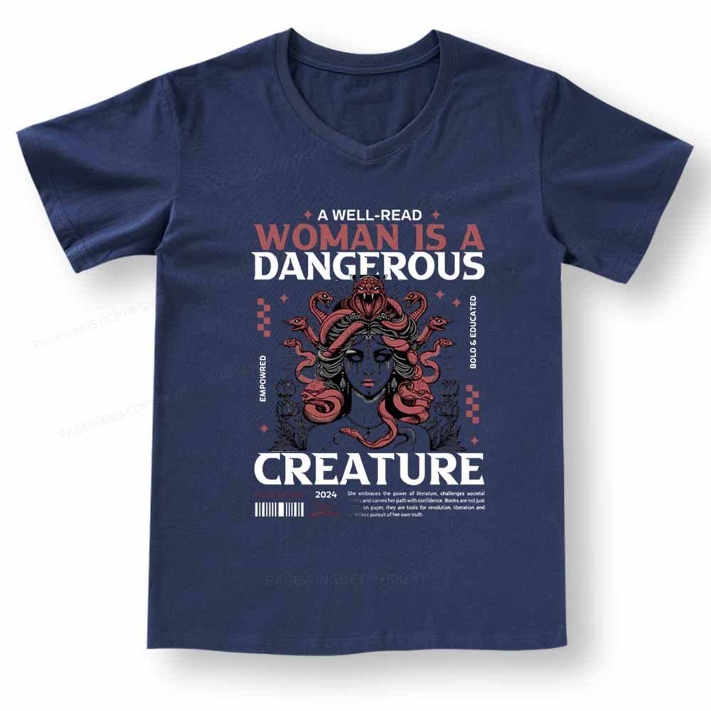 Pagewings A Well-Read Woman is A Dangerous Creature V-neck T-shirt