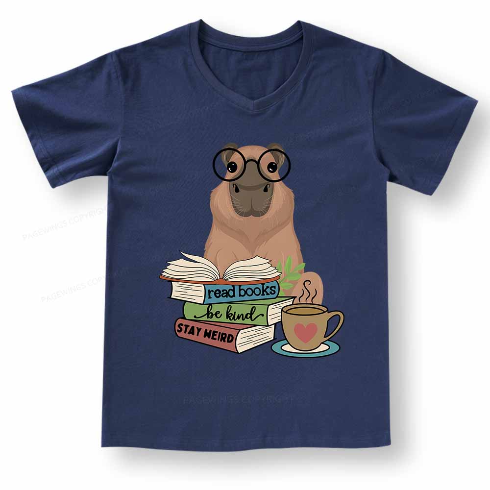 Pagewings Capybara Reading V-neck T-shirt