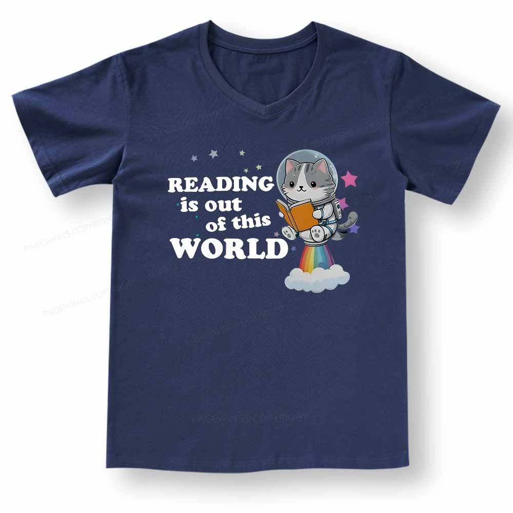Pagewings Cat Reading in Space V-neck T-shirt