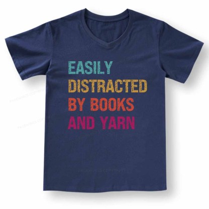 Pagewings Easily Distracted By Books And Yarn V-neck T-shirt