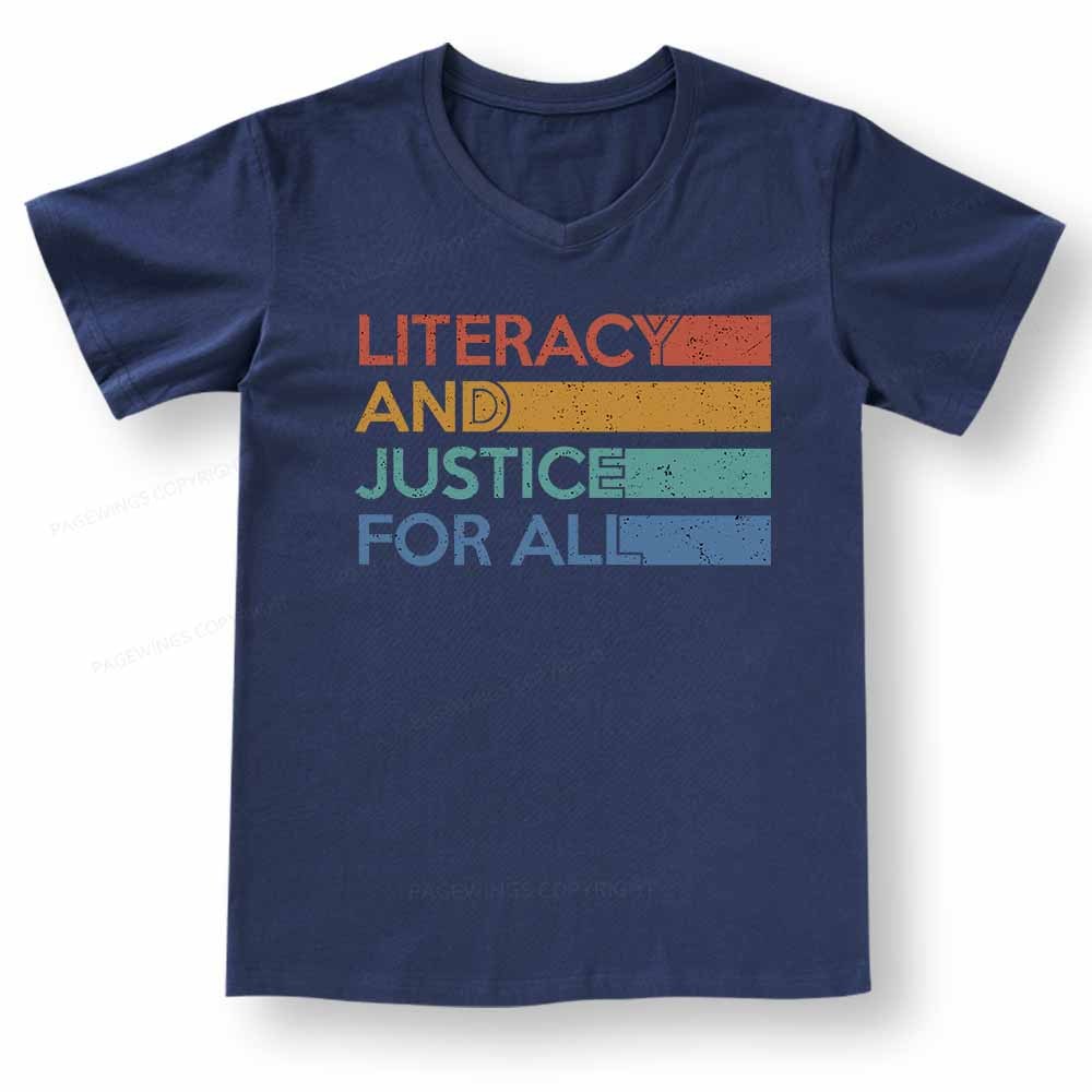 Pagewings Literacy and Justice For All V-neck T-shirt 