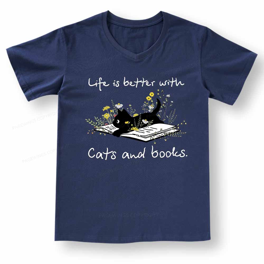 Pagewings Life Is Better With Cats And Books V-neck T-shirt