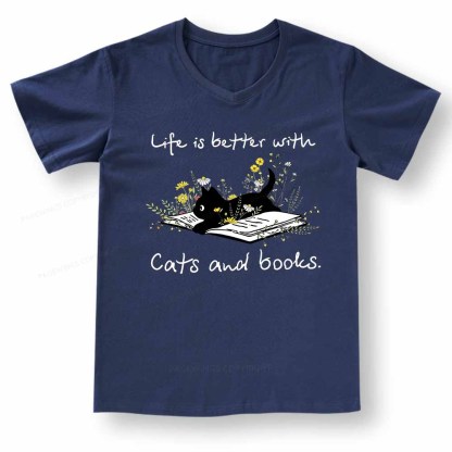 Pagewings Life Is Better With Cats And Books V-neck T-shirt