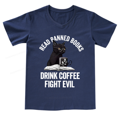 Pagewings Read Books Drink Coffee Fight Evil Shirt V-neck T-shirt