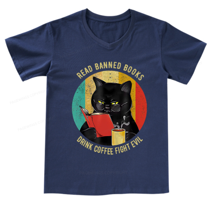 Pagewings Read Banned Books Drink Coffee Fight Evil Retro Cat Lovers V-neck T-shirt 