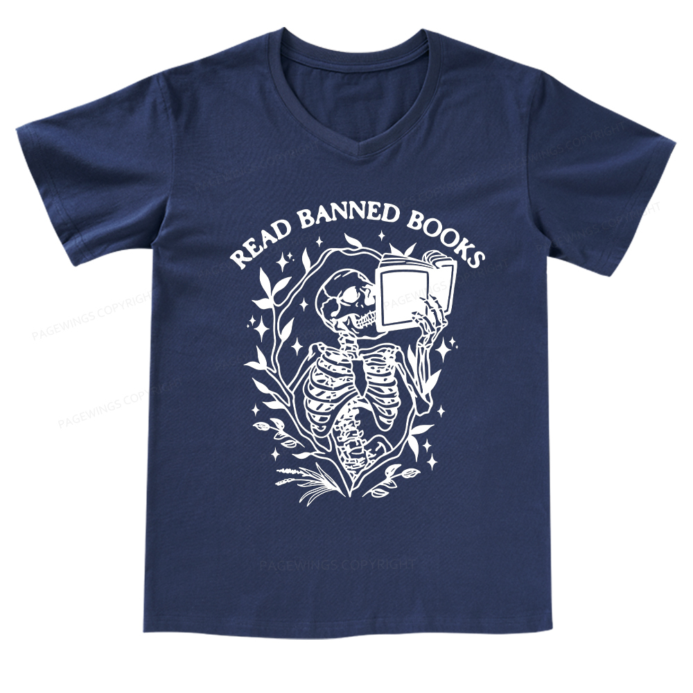 Pagewings Read Banned Books Skeleton Halloween Goth Protest T-Shirt V-neck T-shirt