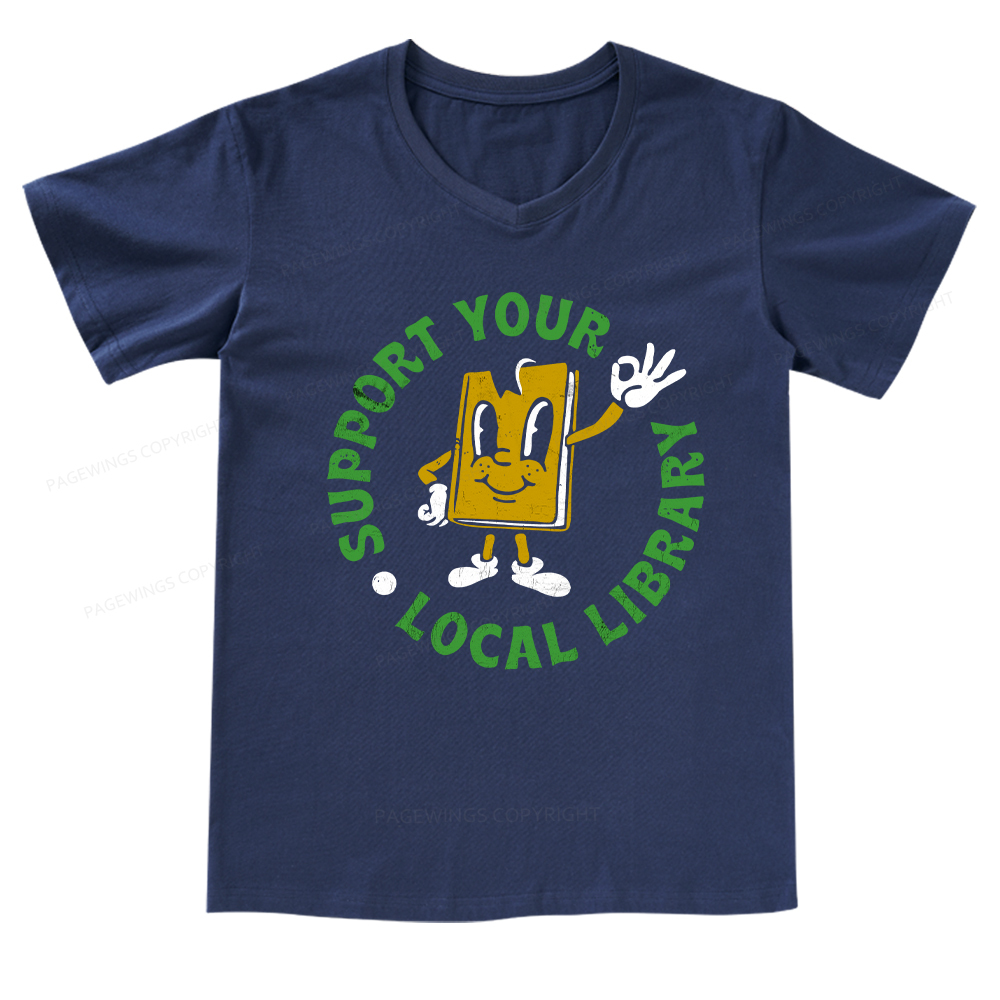 Pagewings Support Your Local Library Adult V-neck T-shirt