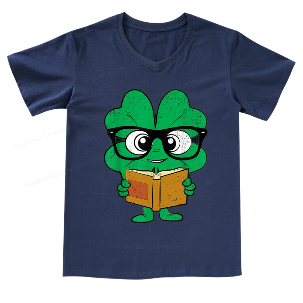 Pagewings Shamrock Reading Books St Patricks Day V-neck T-shirt