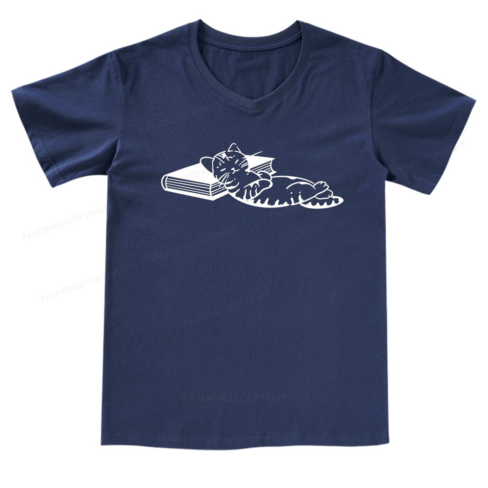 Pagewings A Cat Sleeping On The Book V-neck T-shirt