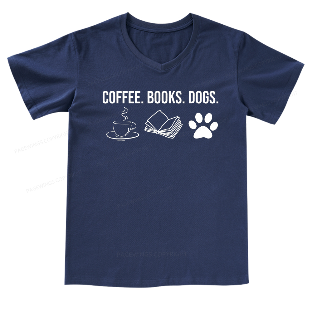 Pagewings Coffee Books and Dogs V-neck T-shirt
