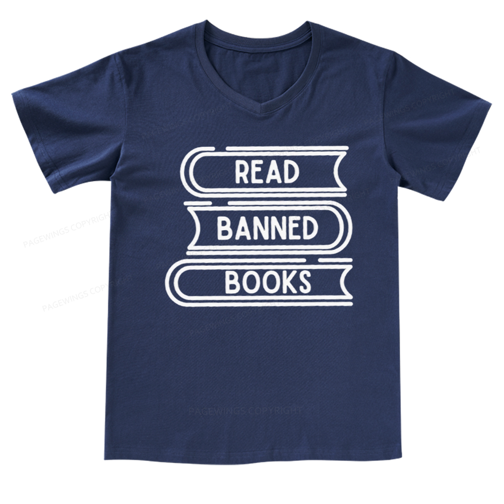 Pagewings Read Banned Books Stack V-neck T-shirt