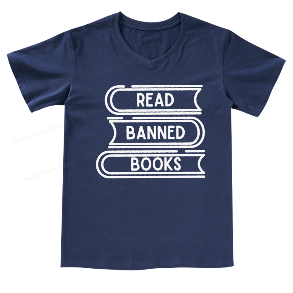 Pagewings Read Banned Books Stack V-neck T-shirt