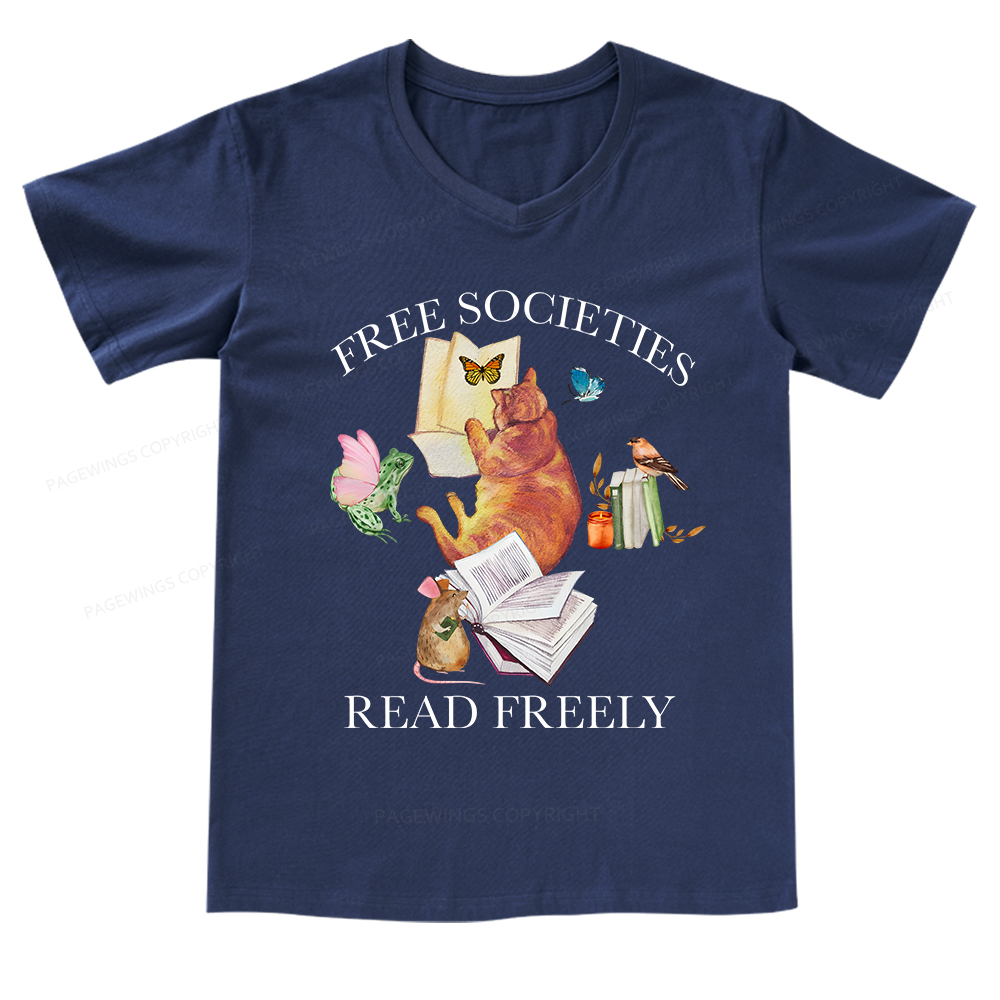 Pagewings Free societies read freely V-neck T-shirt