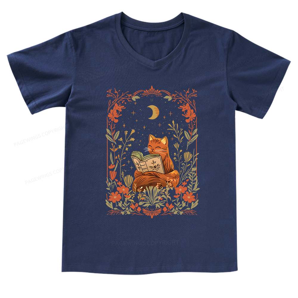 Pagewings Cat Wildflower Book Reading V-neck T-shirt