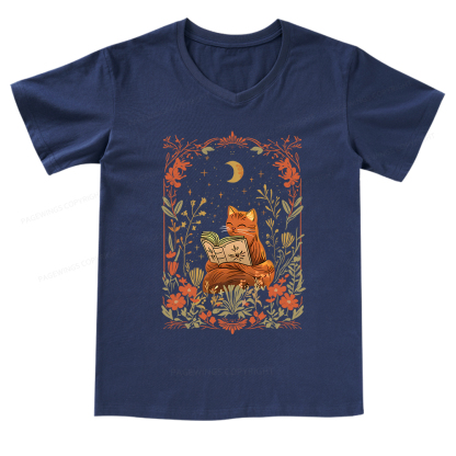 Pagewings Cat Wildflower Book Reading V-neck T-shirt