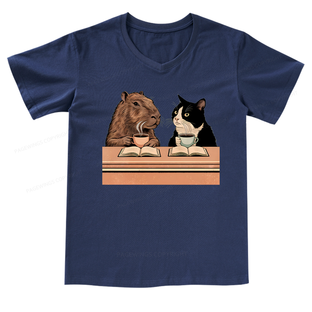 Pagewings Capybara and Tuxedo Cat Chilling with Coffee V-neck T-shirt