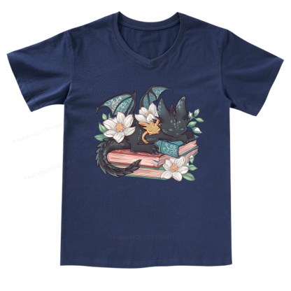 Pagewings Fantasy Book Dragon V-neck T-shirt
