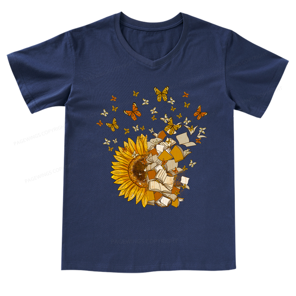Pagewings Sunflower And Book Harmony V-neck T-shirt