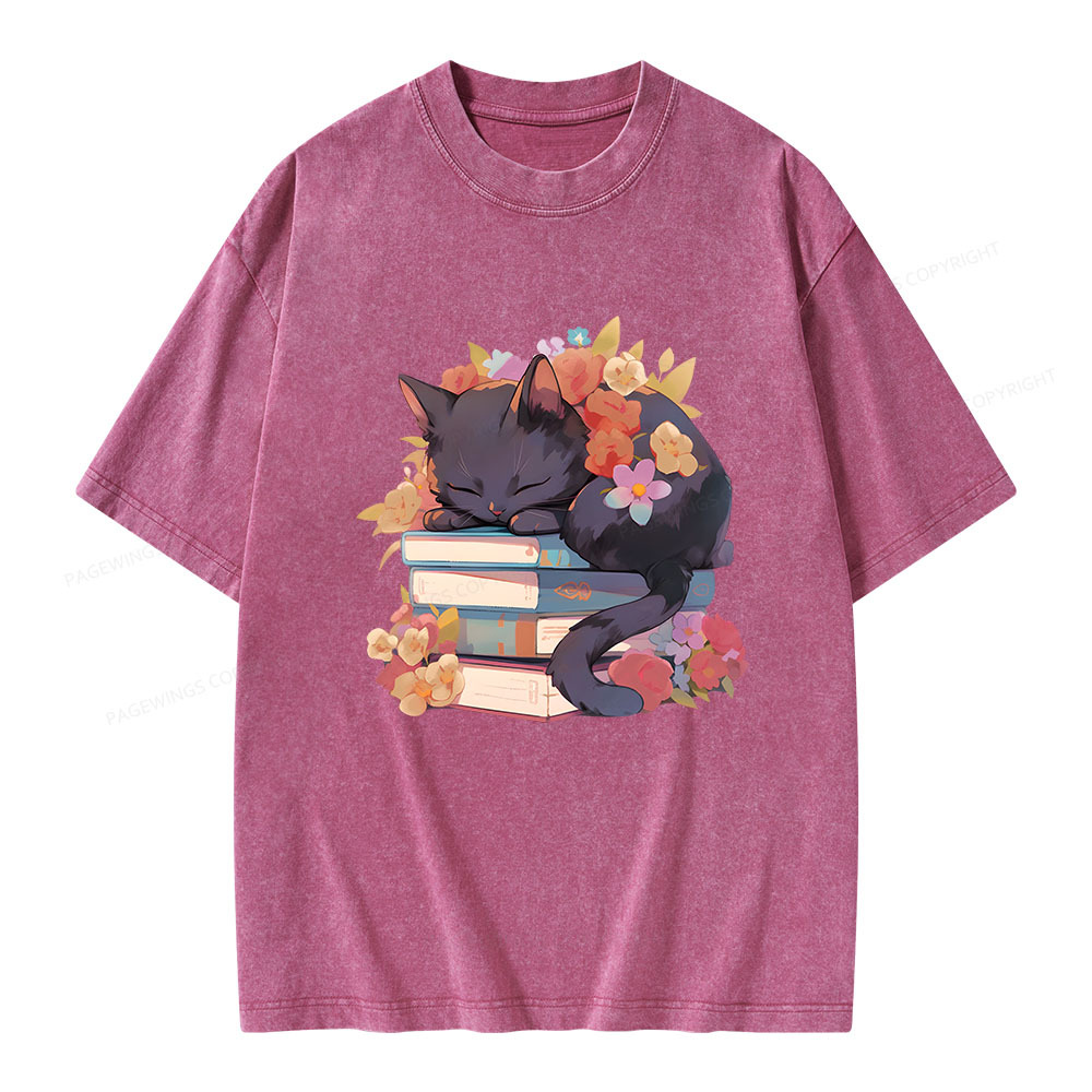 Pagewings Black Cat Sleeping on Books Unisex Washed T-shirt