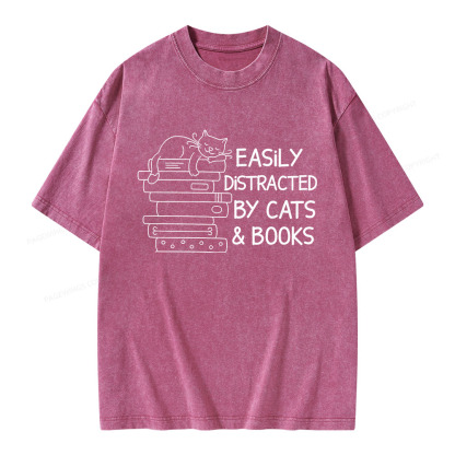 Pagewings Easily Distracted By Cats And Books Unisex Washed T-shirt
