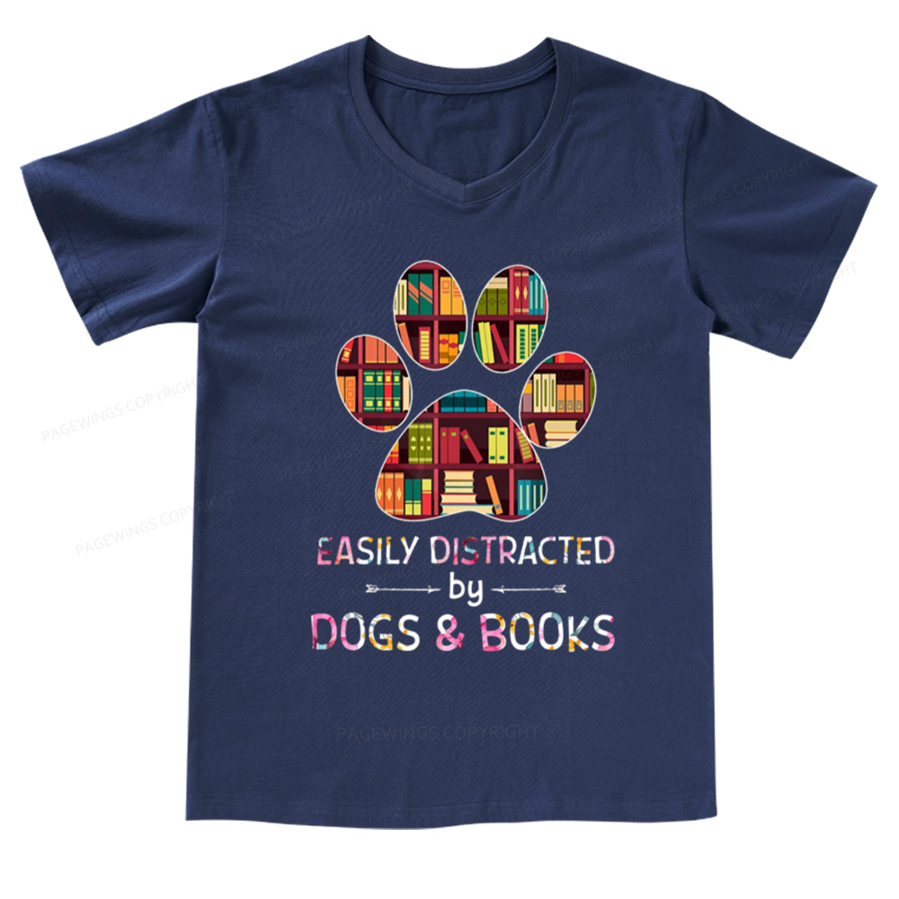 Pagewings Easily Distracted By Dogs And Books V-neck T-shirt