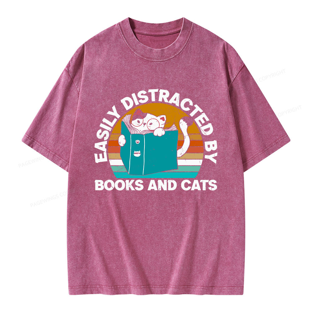 Pagewings Easily Distracted By Books And Cats Unisex Washed T-shirt