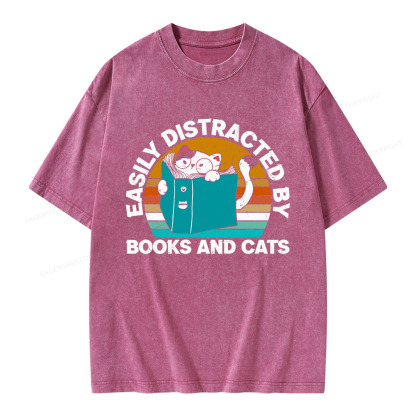 Pagewings Easily Distracted By Books And Cats Unisex Washed T-shirt