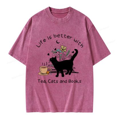 Pagewings Life Is Better With Tea Cats And Books Unisex Washed T-shirt