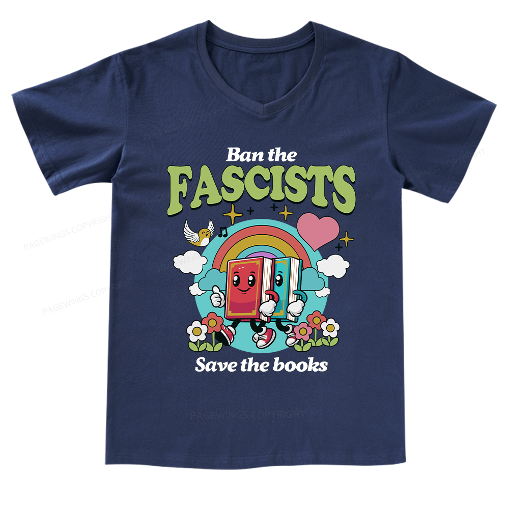 Pagewings Ban the Fascists Save the Books V-neck T-shirt